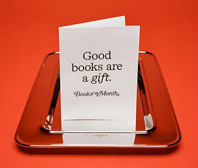 book of the month club greeting card with the words "Good books are a gift"