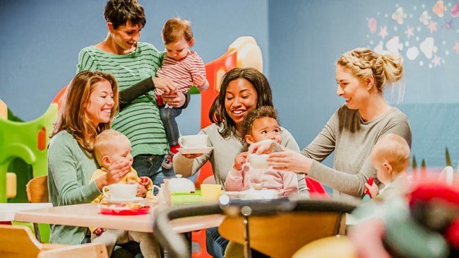 moms at a children's museum on a playdate, a good thing to do with infants in their first year