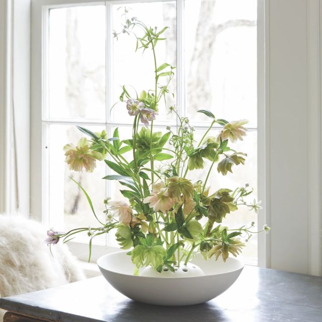 flowers in flower frog holder