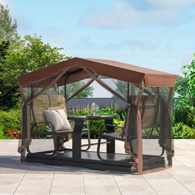 brown 4 seat glider table set with conopy