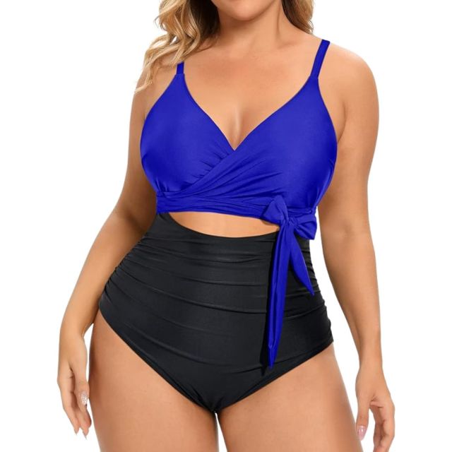 woman wearing blue and black cutout swimsuit from amazon