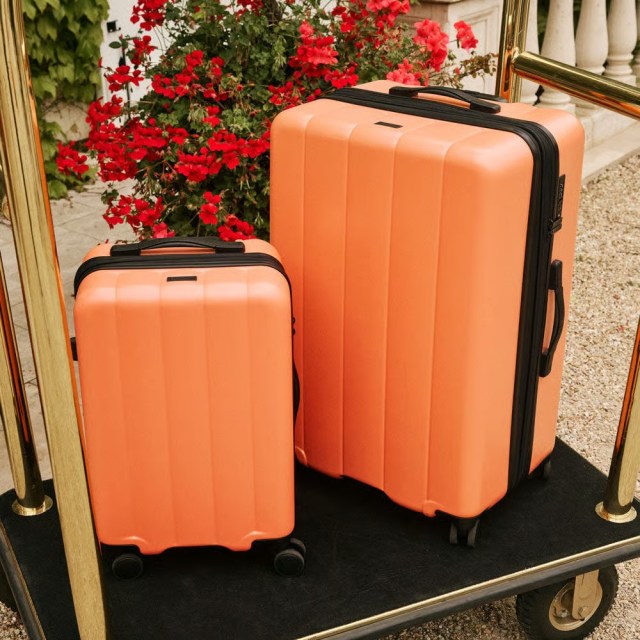two orange suitcases on a luggage roller