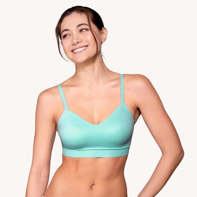 woman wearing seafoam green wireless braletter