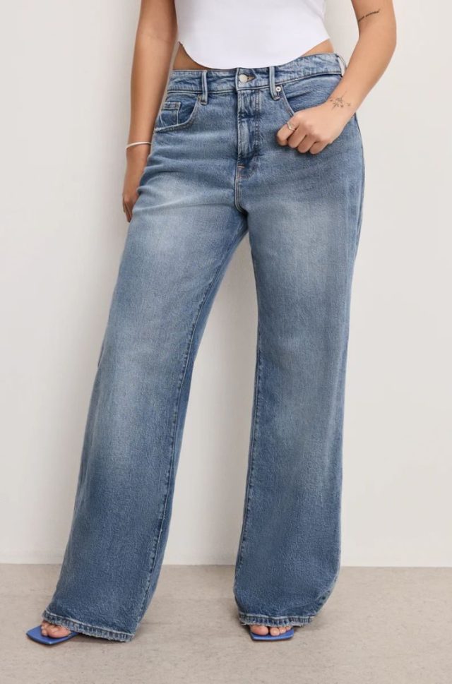 woman wearing wide-leg Good American jeans