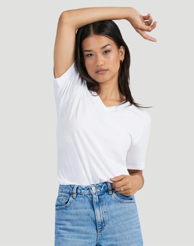 Person wearing the white t-shirt