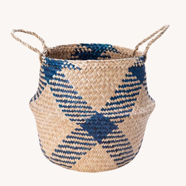 woven tan and blue storage basket
