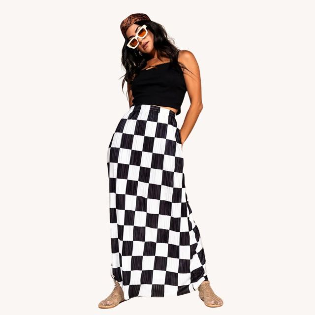 woman in black and white check skirt