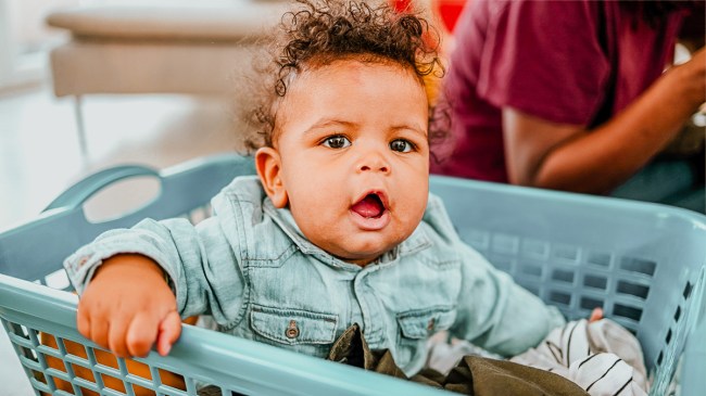 one of the infant activities to try when you're out of ideas is to put your baby in a laundry basket to play