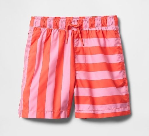 red and pink striped kids' swim trunks