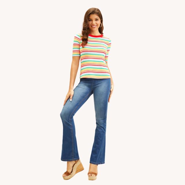 woman wearing jeans and striped top
