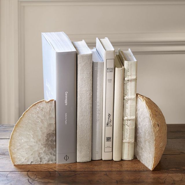 geode bookends flanking set of books