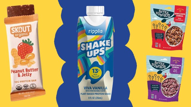 a trio of products - Skout Peanut Butter Protein Bars, Ripple Shake Ups, and Seven Sundays Sunflower Cerel - that are great options for breakfast on the go