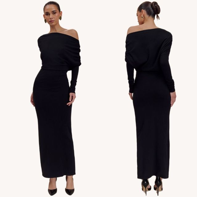 woman wearing black draped top maxi dress