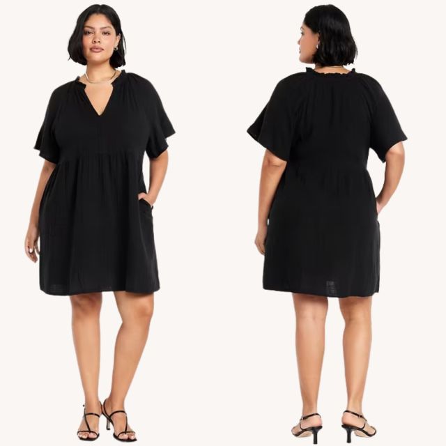 woman wearing black swing dress