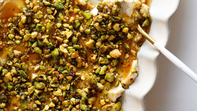 a picture of a 3-ingredient appetizer, boursin and pistachios