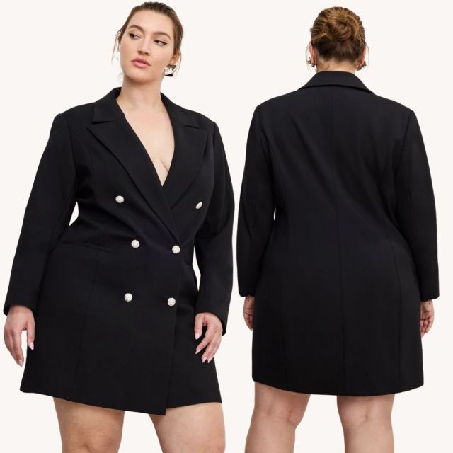woman wearing a black little black dress in a blazer style