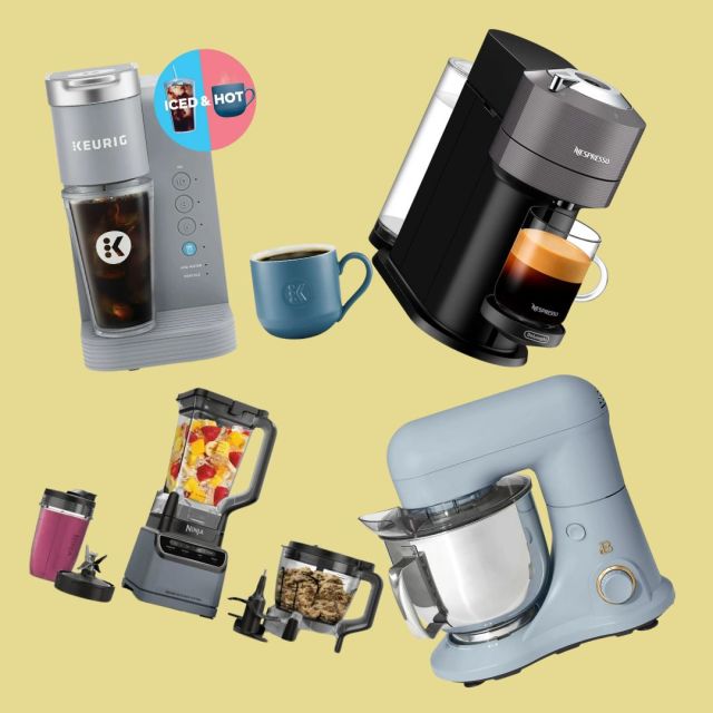 two coffee makers, a blender, and a stand mixer collage