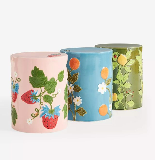 three fruit patterned pedestal tables