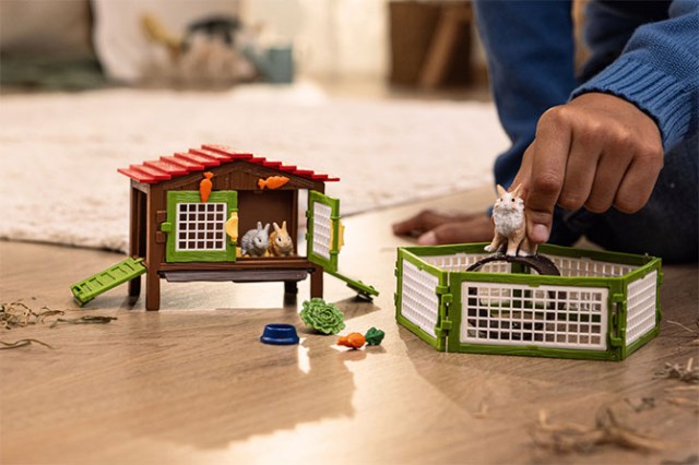 A toy set by Schleich with a bunny pen and coop, a great non-candy easter basket idea for preschoolers
