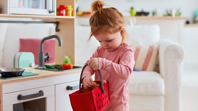 The best toys for toddler play include pretend kitchens and food