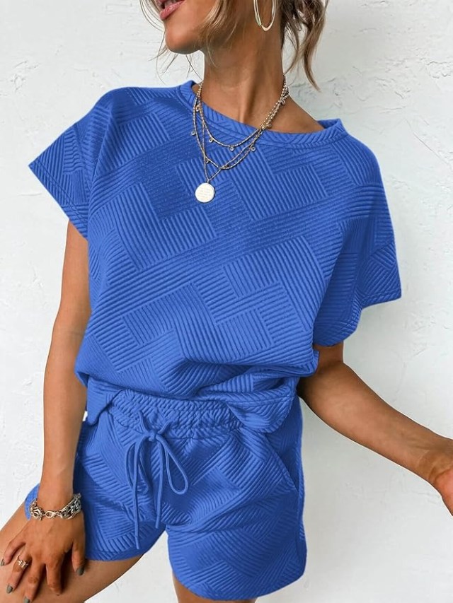 person wearing blue lounge set