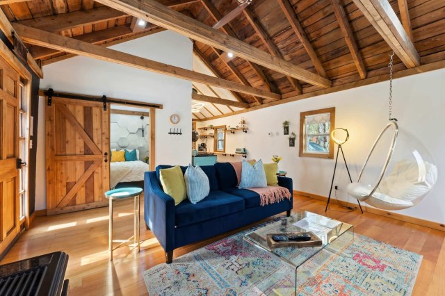 rustic cabin living room with modern decor