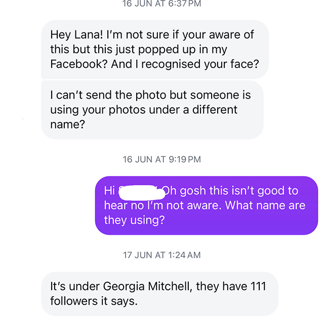 The hidden messages Lana Murphy received on Instagram alerting her to her Facebook identity theft