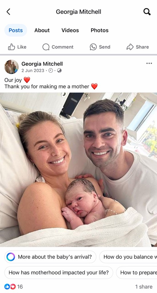 Lana Murphy's birth announcement shared on Georgia Mitchell's account in a case of Facebook identity theft