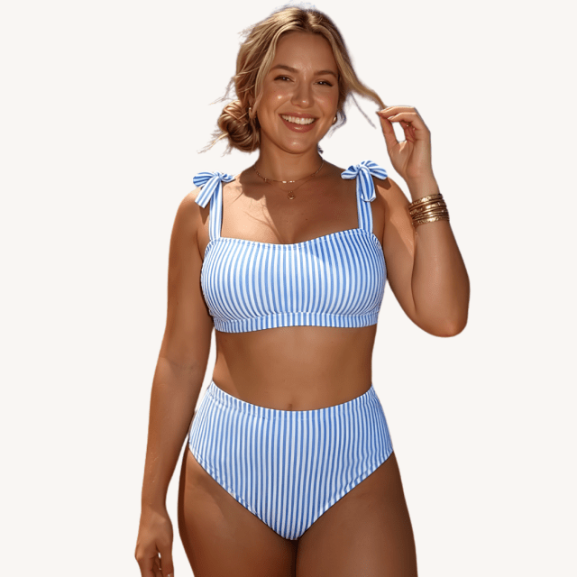 Mom Swimsuits Tie Shoulder Striped Bikini