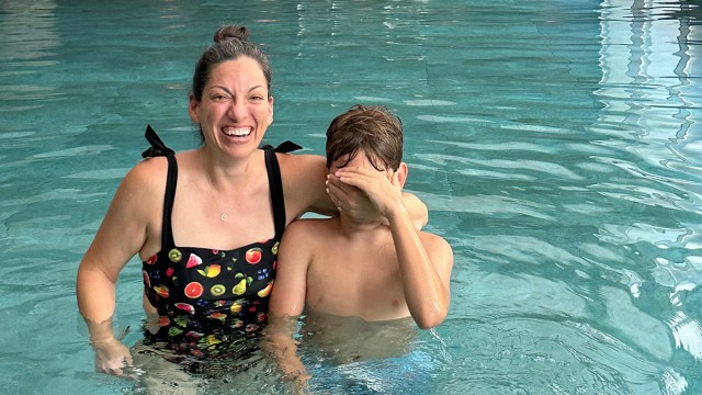 Deena Lang and her son, whose family photos were stolen for a Facebook scam, in the pool