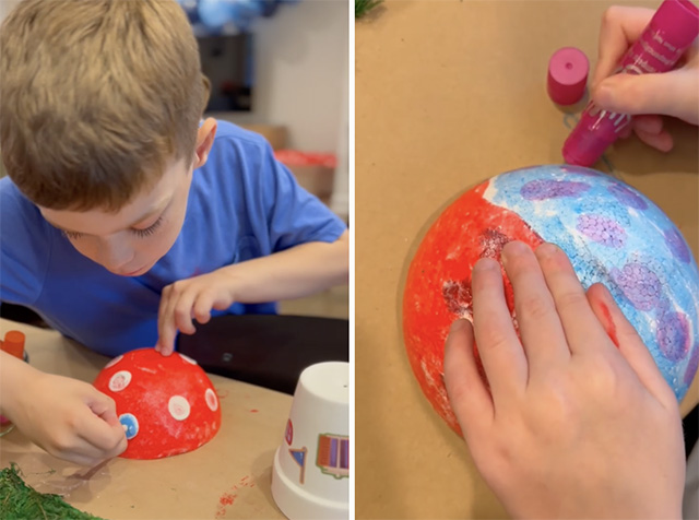 Making mini mushroom houses at a smurf party for kids