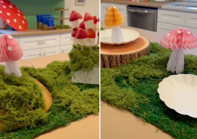 moss and mushroom decorations for a smurf party for kids