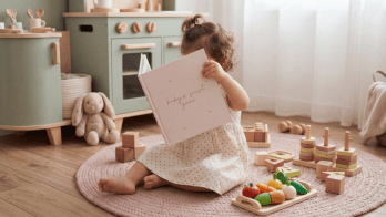 a toddler looking at a baby photo book from her first year, made using our first year photo book ideas