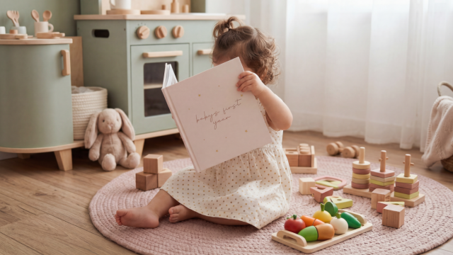 a toddler looking at a baby photo book from her first year, made using our first year photo book ideas