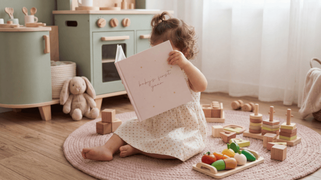 a toddler looking at a baby photo book from her first year, made using our first year photo book ideas
